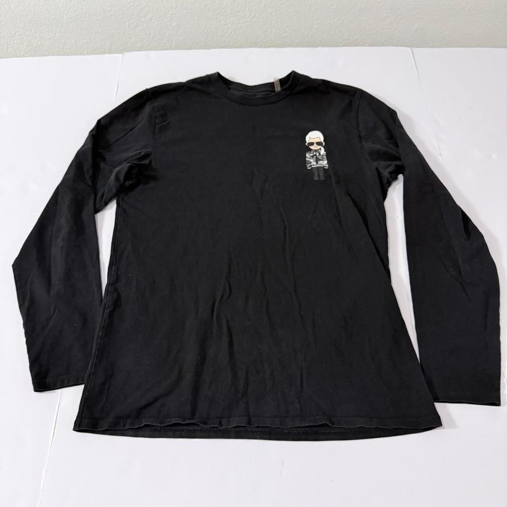 Karl Lagerfeld Paris Mens Black Long Sleeve Graphic T-Shirt Camo Karl Small
